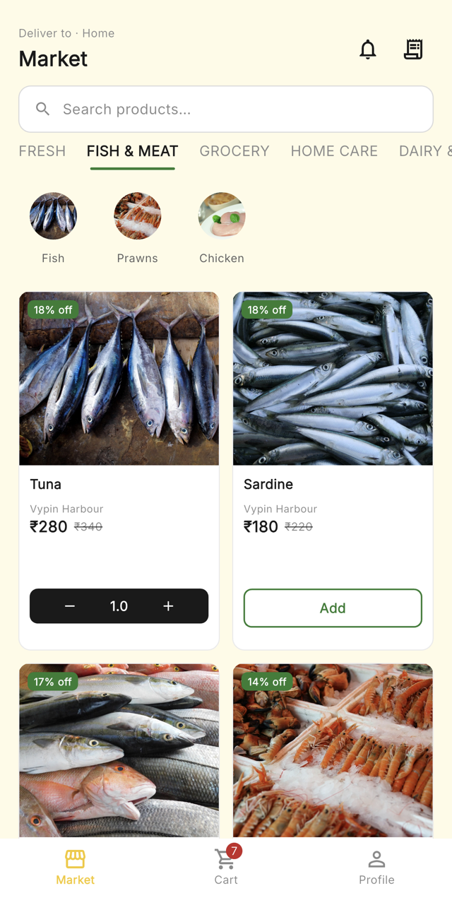 MySanji app market with fresh fish from Vypin Harbour and prices