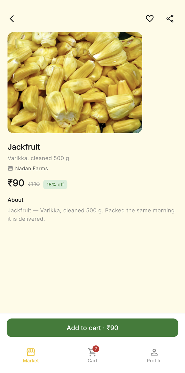 MySanji app product page for cleaned jackfruit, packed the same morning